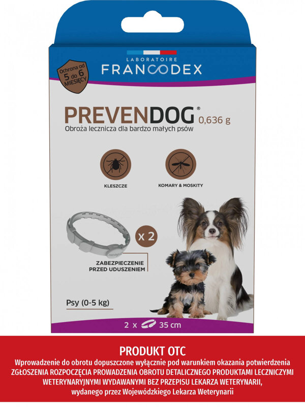 FRANCODEX Obroża biobójcza PREVENDOG 35 cm dla bardzo małych psów do 5 kg - 2 szt.