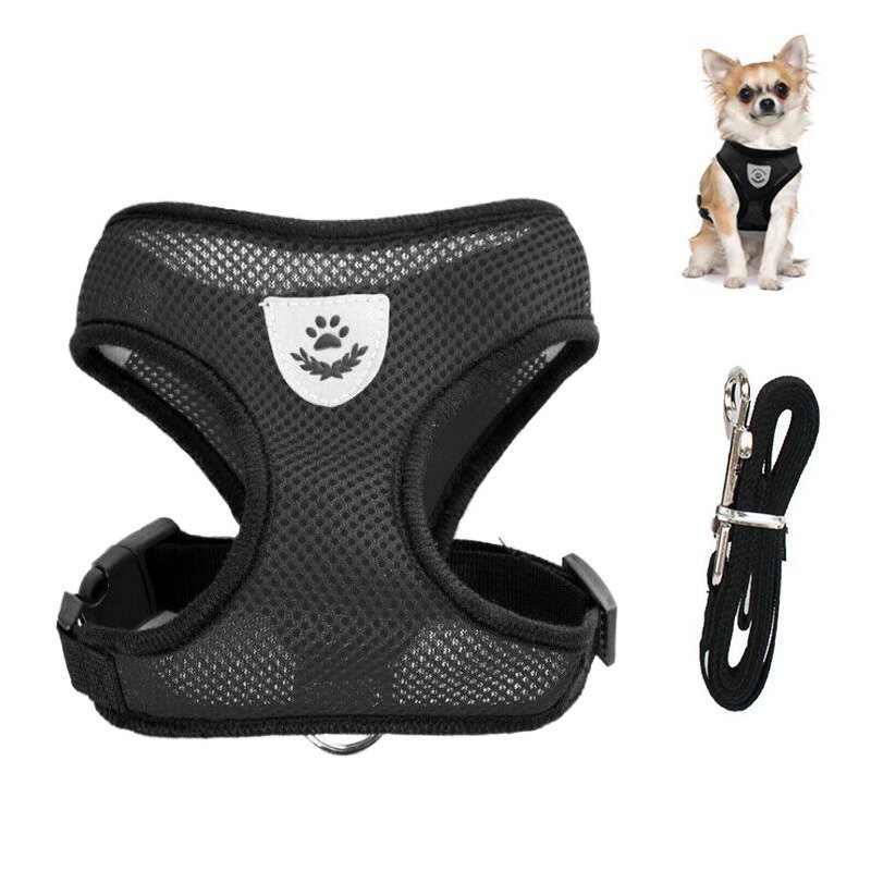 Fashion Pet Vest Harness + Leash For Dogs Black Color Breathable Mesh