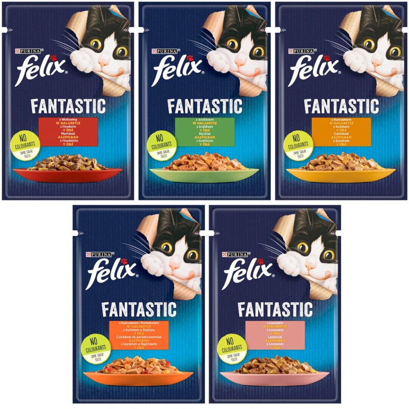 Felix Fantastic Karma Dla Kotów Mix Smaków W Galaretce 5x85g Wołowina Królik Kurczak Łosoś