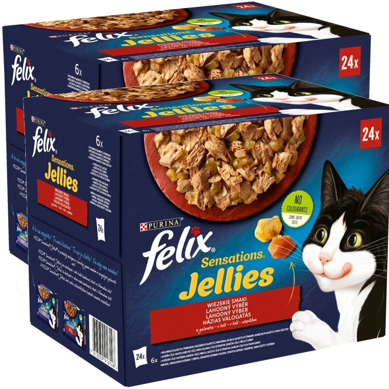 Felix Sensations Jellies Karma Dla Kotów Wiejskie Smaki W Galaretce 4,08kg (48x85g) Wołowina Kurczak Kaczka Jagnięcina