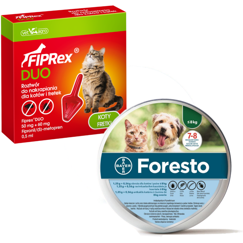 Foresto Bayer Obroża Przeciw Kleszczom I Pchłom Dla Psa I Kota do 8kg + Fiprex Preparat do Zakrapiania Dla Kotów