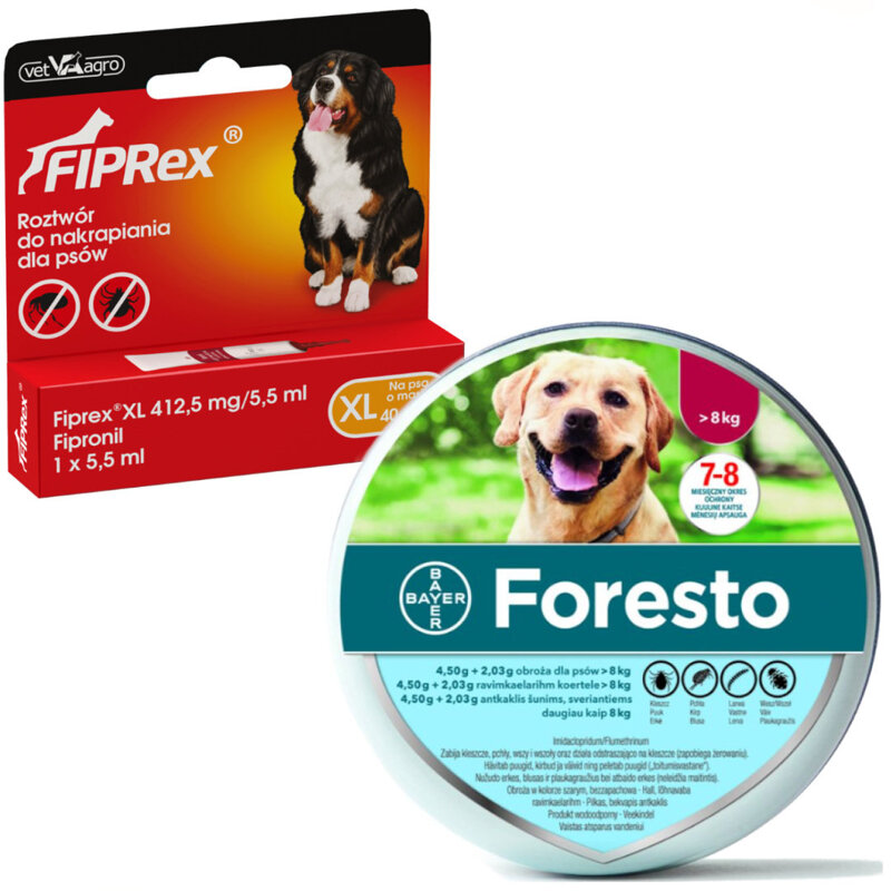 Foresto Bayer Obroża Przeciw Kleszczom I Pchłom Dla Psa Powyżej 8kg + Fiprex Preparat do Zakrapiania XL 5,5ml