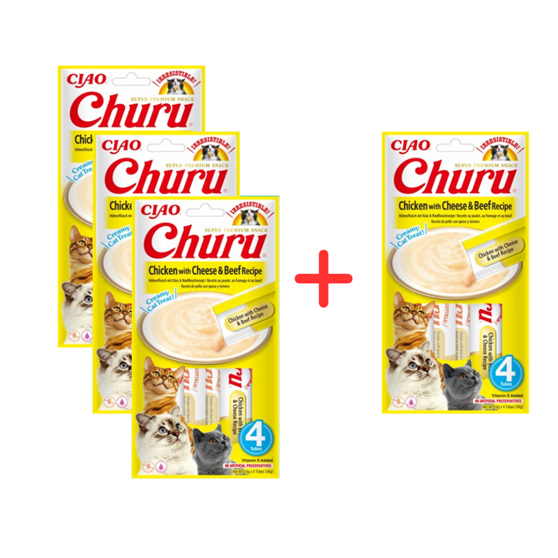 Inaba Cat Churu Chicken Cheese Beef 4x56g Kremowy Przysmak Dla Kota Pasta Z Kurczakiem Serem I Wołowiną 3+1 Gratis