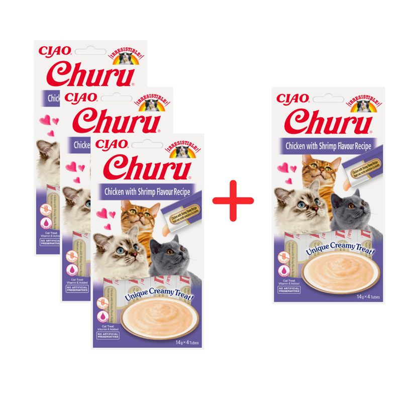 Inaba Cat Churu Chicken With Shrimp 4x56g Kremowy Przysmak Dla Kota Pasta Z Kurczakiem I Krewetkami 3+1 Gratis