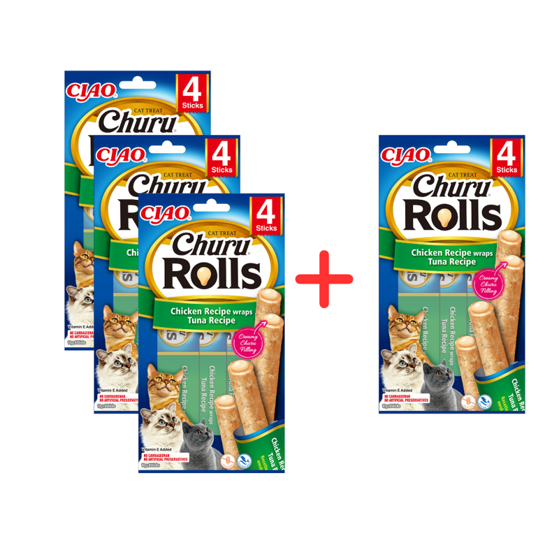 Inaba Cat Churu Rolls 4x40g Przysmak Dla Kota Pałeczki z Nadzieniem Kurczak z Tuńczykiem 3+1 Gratis