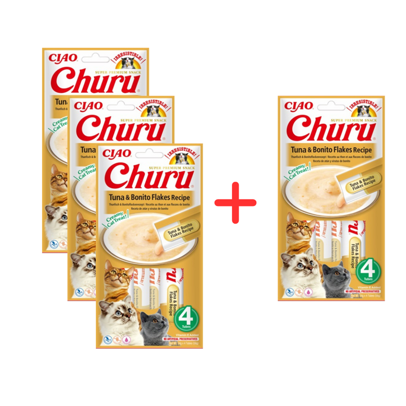 Inaba Cat Churu Tuna Bonito Flakes 4x56g Kremowy Przysmak Dla Kota Pasta Z Tuńczykiem I Wiórkami Ryby Bonito 3+1 Gratis