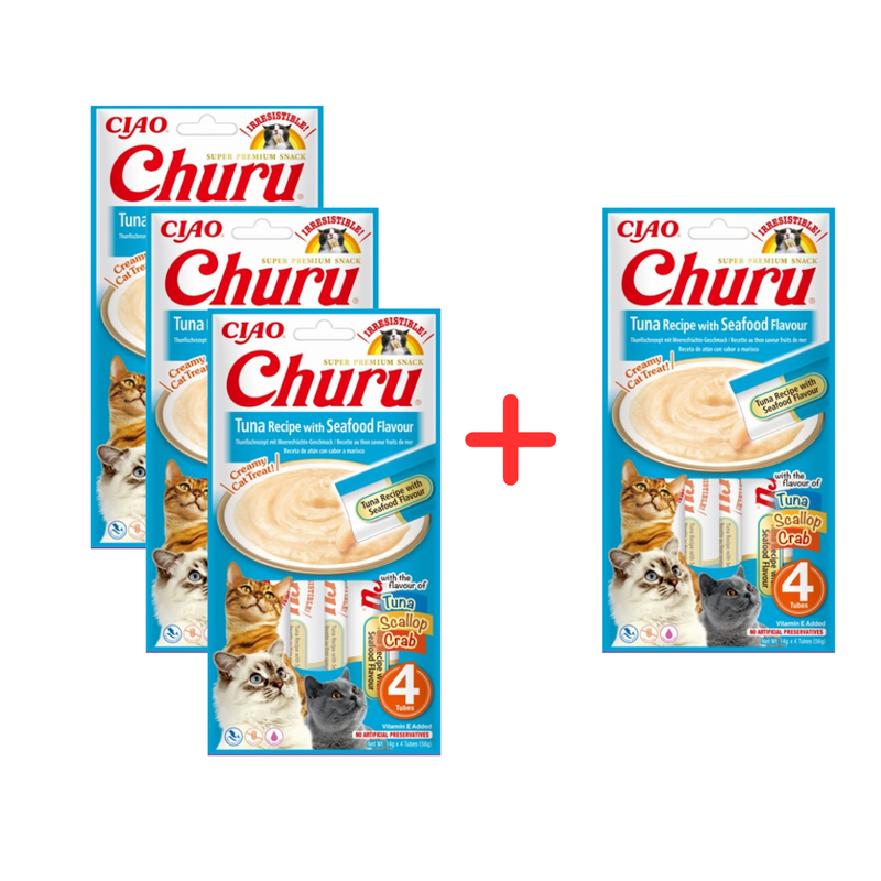 Inaba Cat Churu Tuna With Seafood 4x56g Kremowy Przysmak Dla Kota Pasta Z Tuńczykiem I Owocami Morza 3+1 Gratis