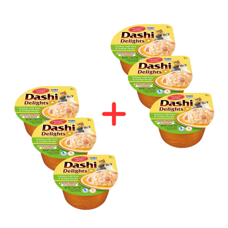 Inaba Cat Dashi Delights 6x70g Uzupełniająca Karma Dla Kota Bulion z Kurczakiem Tuńczykiem i Przegrzebkami 3+3 Gratis