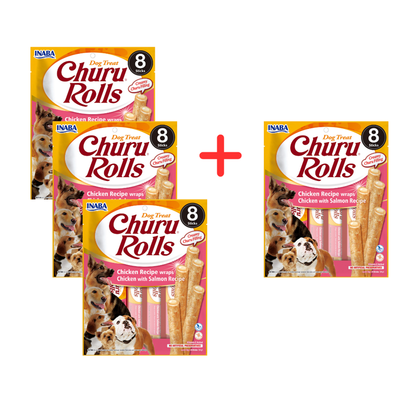 Inaba Dog Churu Rolls Wraps 4x96g Przysmak Dla Psa Kurczak z Łososiem 3+1 Gratis