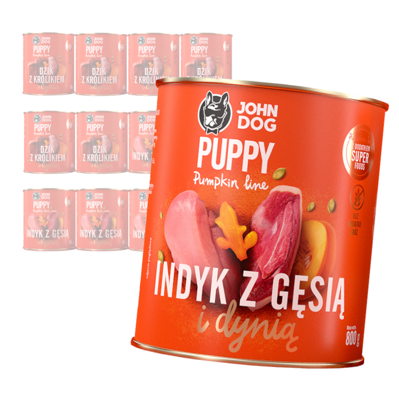 JOHN DOG Karma Mokra Dla Szczeniąt Pumpkin Line Indyk Gęś I Dzik Królik z Dynią 12x800g