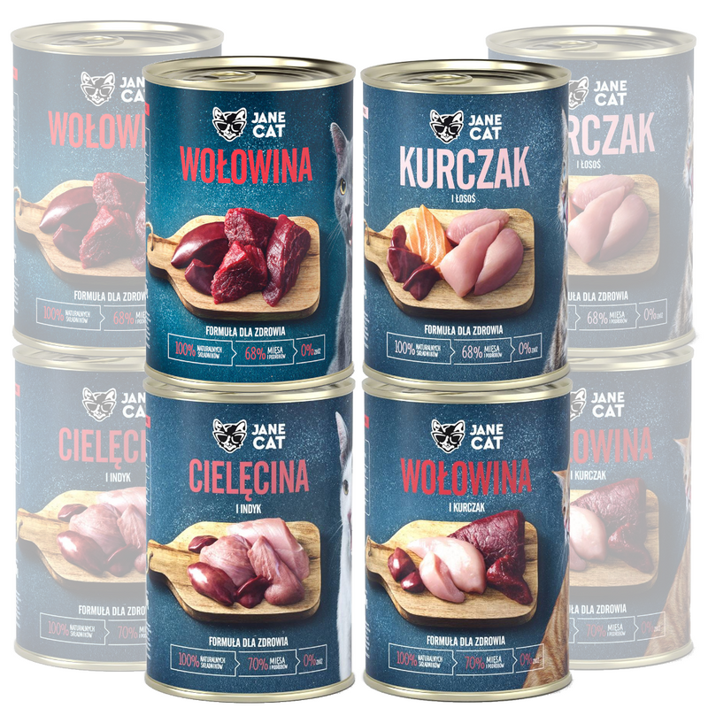 Jane Cat Adult Mix Smaków 8x400g Mokra Karma Dla Kotów Bez Zbóż Wołowina Cielęcina Kurczak Indyk Łosoś