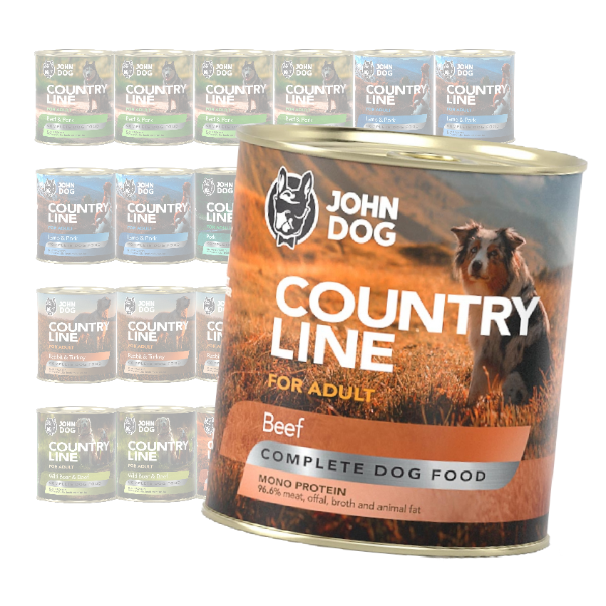 John Dog Country Line Mokra Karma Dla Dorosłych Psów 24x800g Mix Smaków Wieprzowina Wołowina Jagnięcina Królik Indyk Dzik