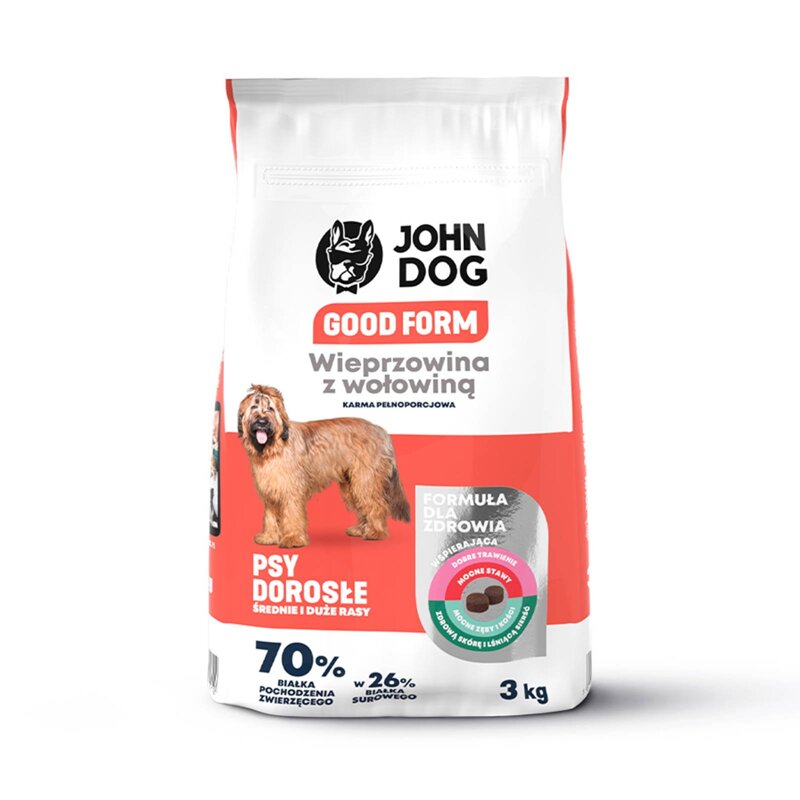 John Dog GOOD FORM ADULT Wieprzowina z Wołowiną 3kg Średnie i Duże Rasy - sucha karma dla psów