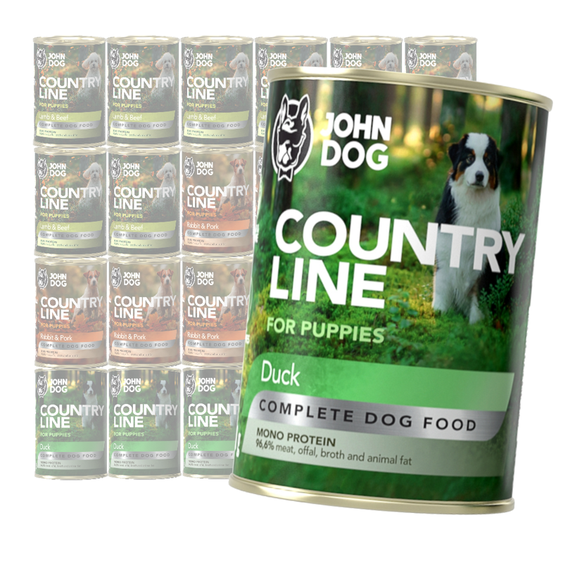 John Dog Puppy Country Line 24x400g Mokra Karma Dla Szczeniąt Mix 3 Smaków Kaczka Królik Z Wieprzowiną Jagnięcina Z Wołowiną