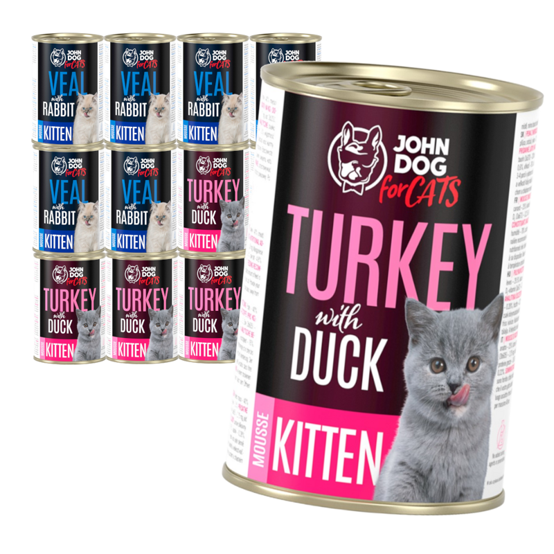 John Dog for Cats Mus Cielęcina z Królikiem i Indyk z Kaczką 12x400g Bezzbożowa Mokra Karma Dla Kociąt