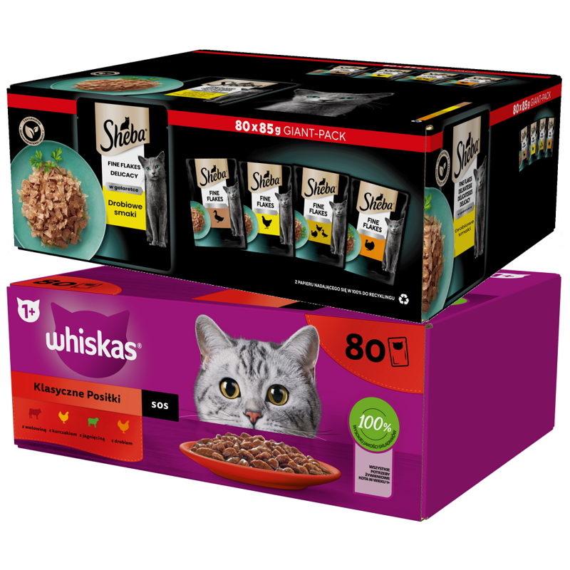 Mokra Karma Dla Kota Whiskas Klasyczne Posiłki W Sosie 80x85g + Sheba Delicacy Drobiowe Smaki W Galaretce 80x85g