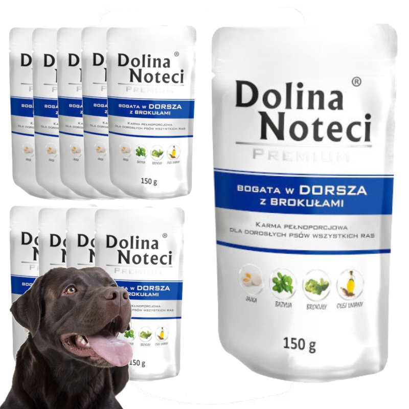 Mokra Karma Dla Psa Dolina Noteci Premium Bogata W Dorsza Z Brokułami Saszetka 10x150g