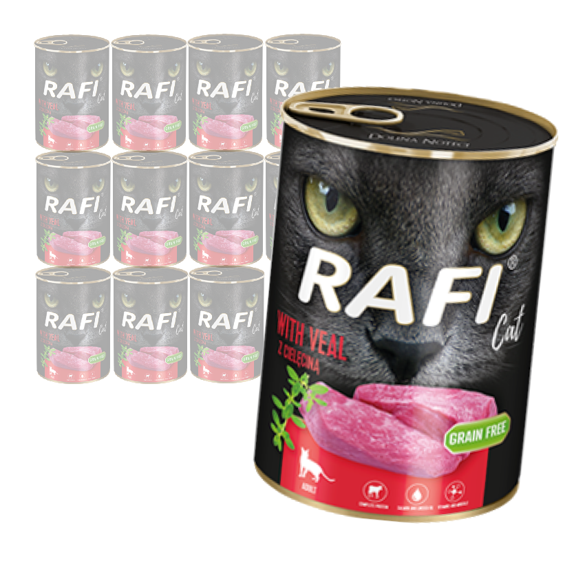 Mokra Karma dla Kotów Rafi Cat Adult z Cielęciną Puszka Zestaw 12 x 400 g