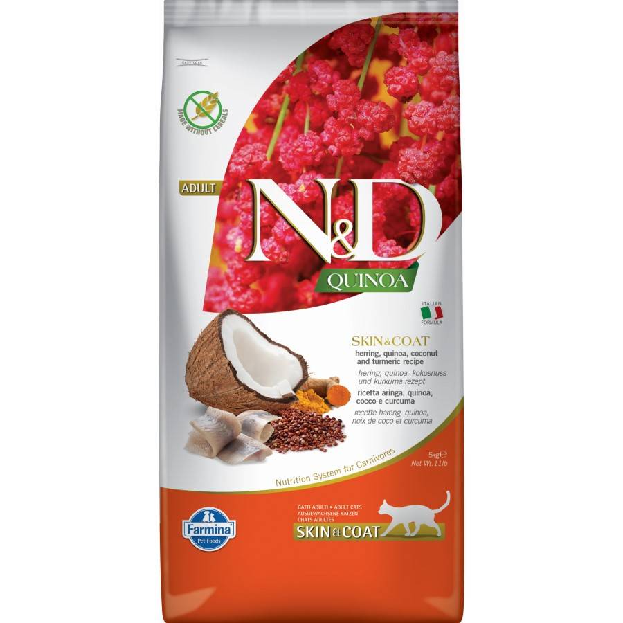 N&D CAT QUINOA SKIN & COAT HERRING 5 KG Sucha karma dla kota Skóra i sierść, ze śledziem, quinoa, kokosem i kurkumą