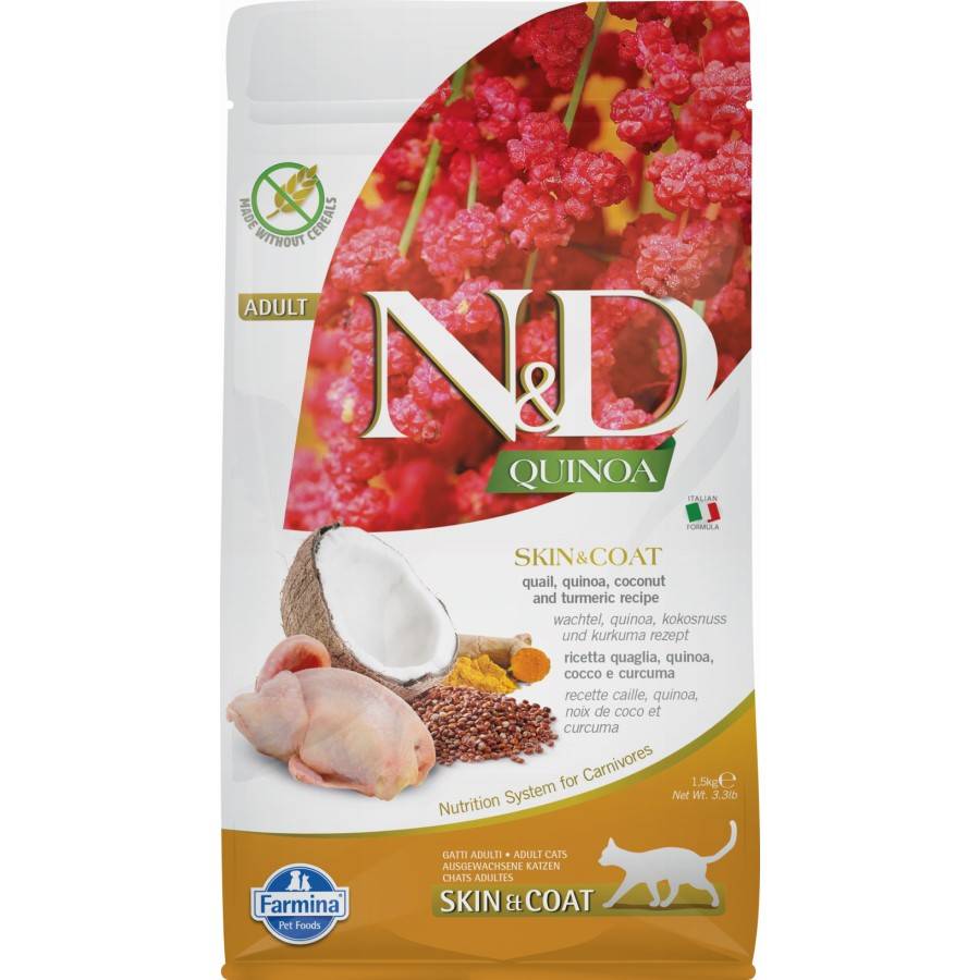 N&D CAT QUINOA SKIN & COAT QUAIL 1,5 KG Sucha karma dla kota Skóra i sierść, z przepiórką, quinoa, kokosem i kurkumą