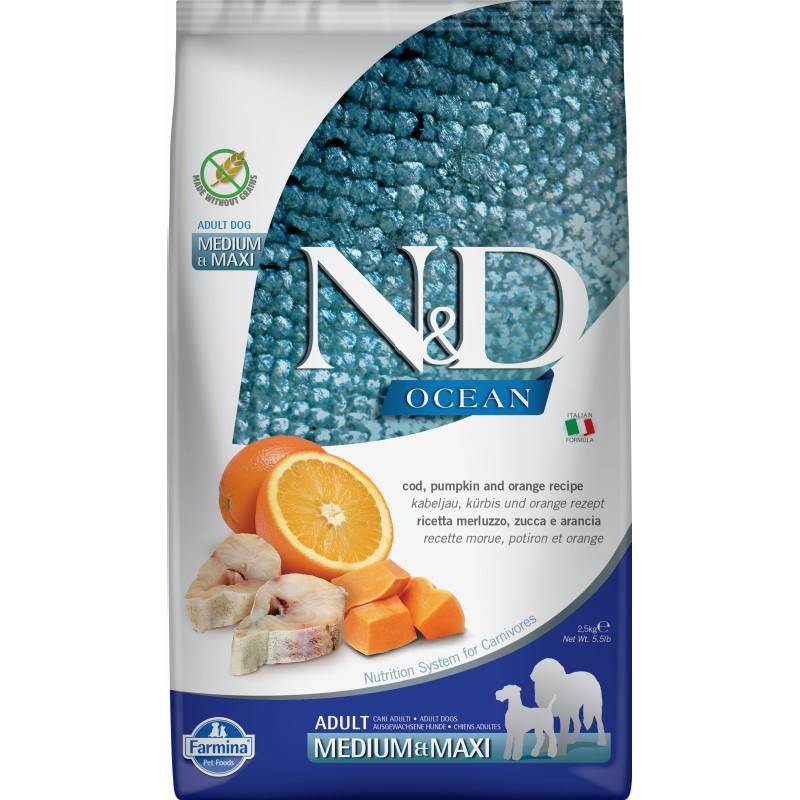 N&D Dog Ocean Codfish Pumpkin Orange Adult Medium Maxi 2.5kg Sucha Karma dla Psa Dorsz Dynia Pomarańcza