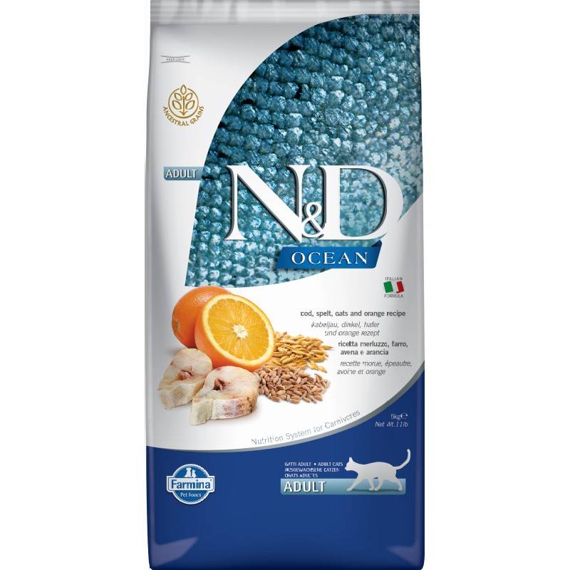 N&D Ocean Cat Codfish Spelt Oats Orange 5kg Sucha Karma Kota Pomarańcza Dorsz Owies