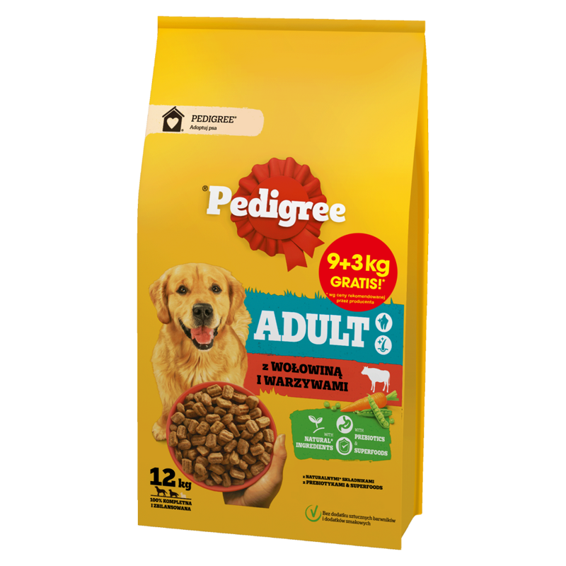 Pedigree Adult 12kg Z Wołowiną I Warzywami Sucha Karma Dla Psów Średnich I Dużych Ras 9+3kg GRATIS