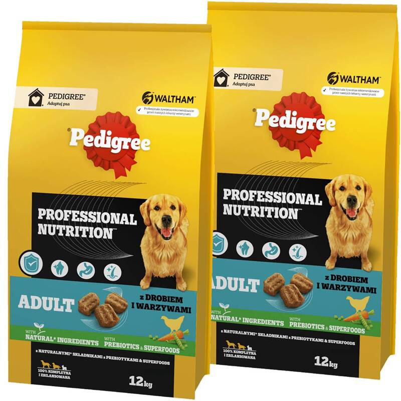 Pedigree Adult Professional Nutrition Z Drobiem I Warzywami 12kg + 12kg Sucha Karma Dla Psów Średnich I Dużych Ras