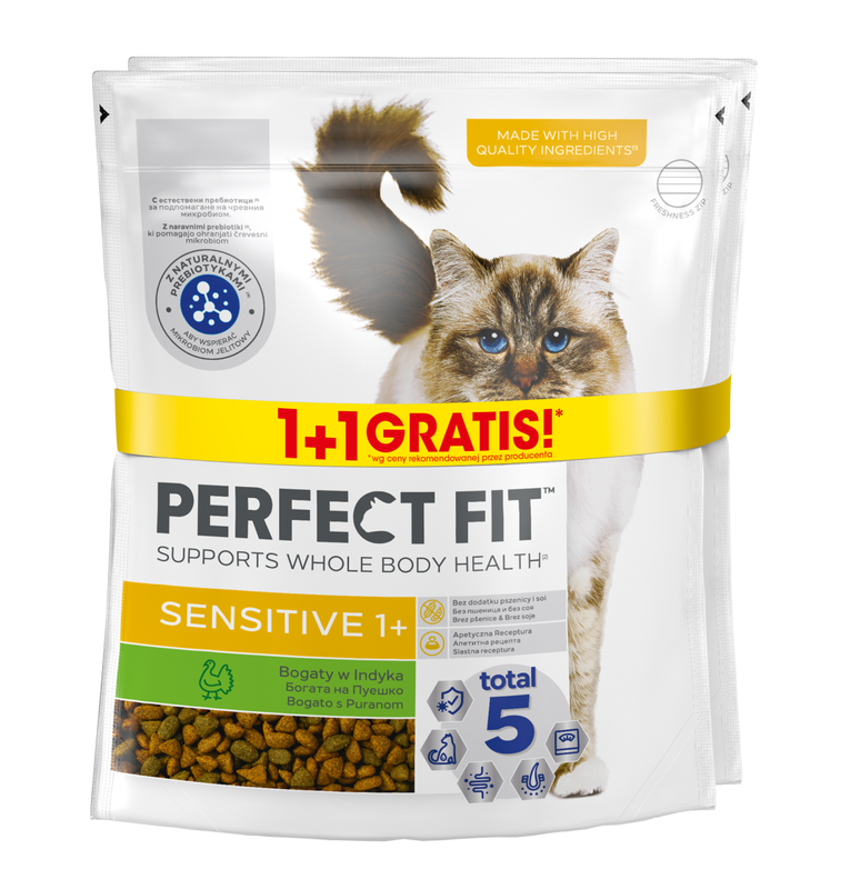 Perfect Fit Sensitive 1+ 2x750g Sucha Karma Pełnoporcjowa Dla Kota Bogata W Indyka 1+1 GRATIS