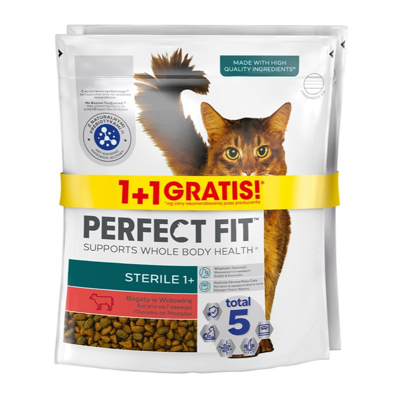 Perfect Fit Sterile 1+ Z Wołowiną 2x750g Sucha Karma Dla Kotów Sterylizowanych 1+1 GRATIS