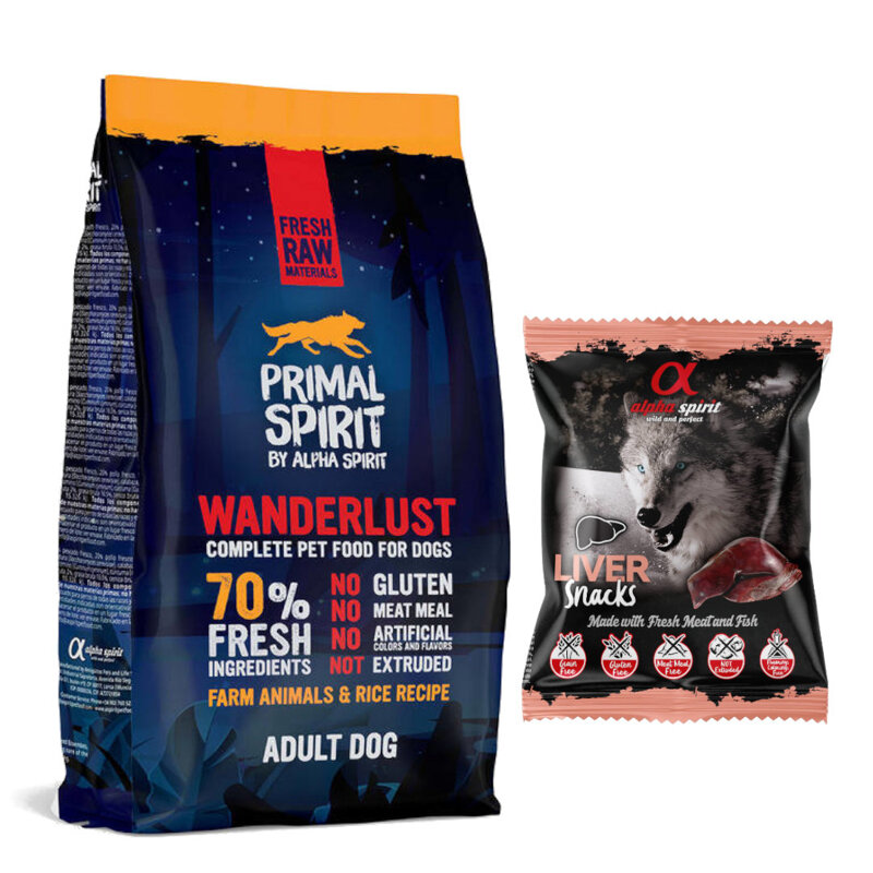 Primal Spirit Wanderlust 1kg Z Rybą Kurczakiem I Warzywami Sucha Karma Dla Psa + Alpha Spirit Przysmak Z Wątróbką 50g