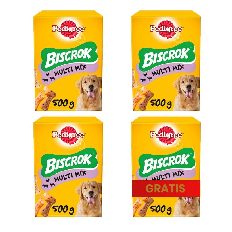 Przysmak dla psa Pedigree Biscrok Original 4x500g chrupiące ciasteczka 1 paczka GRATIS