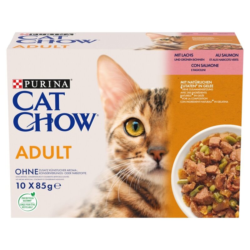 Purina Cat Chow Adult 10x85g Mokra Karma Dla Kota z Łososiem i Zieloną Fasolką w Galaretce