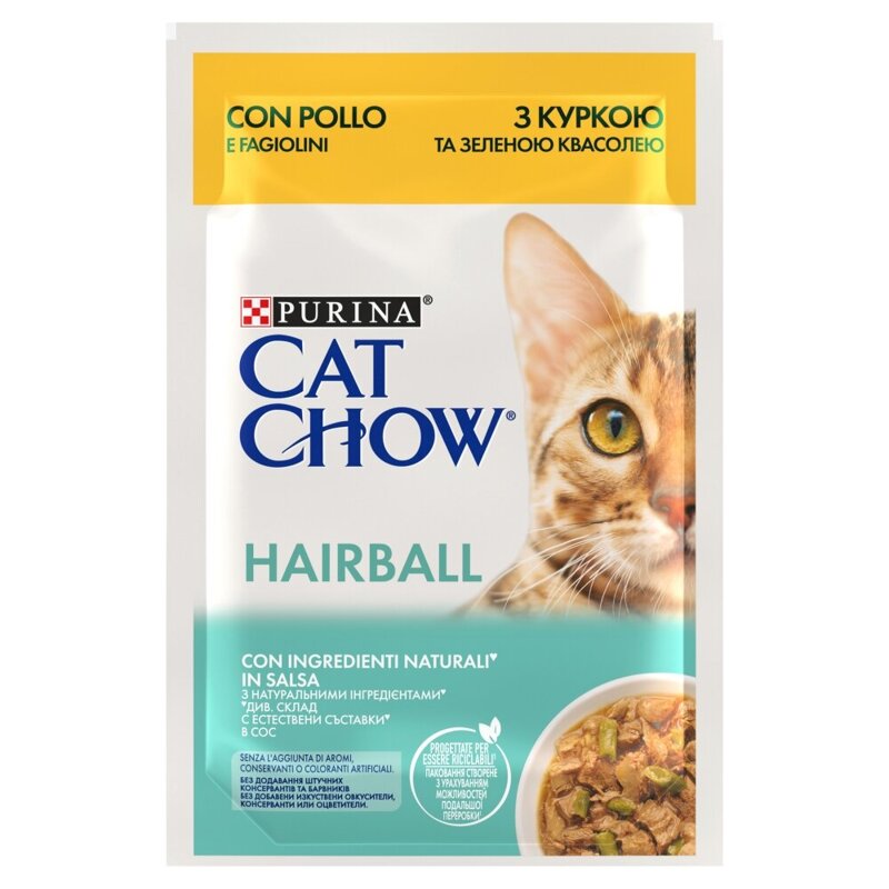 Purina Cat Chow Hairball 85g Mokra Karma Dla Kota z Kurczakiem i Zieloną Fasolką w Sosie
