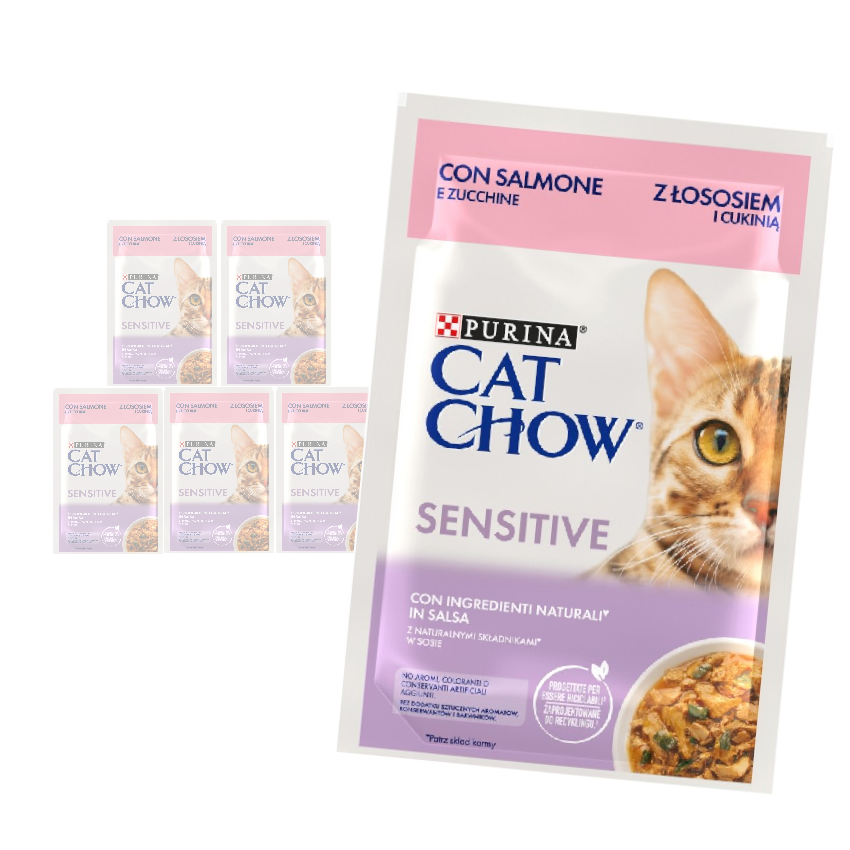 Purina Cat Chow Sensitive 6x85g Mokra Karma Dla Kota z  Łososiem i Cukinią w Sosie