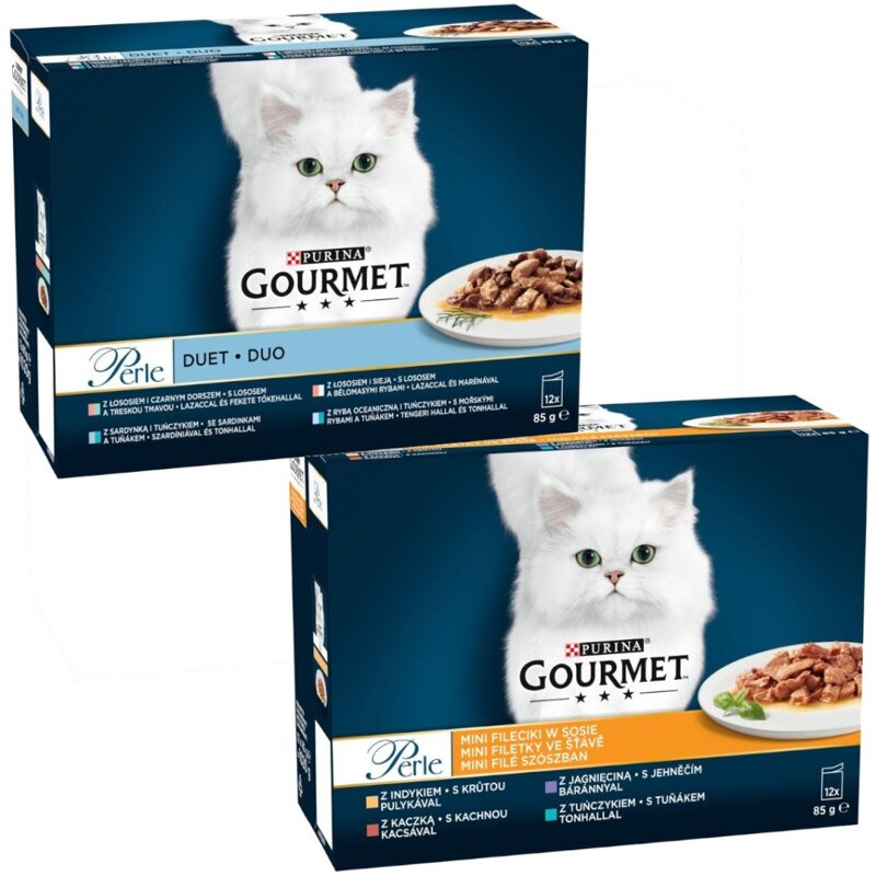 Purina Gourmet Perle Mix Smaków 24x85g Mokra Karma Dla Kota Mini Fileciki w Sosie + Duet Rybny