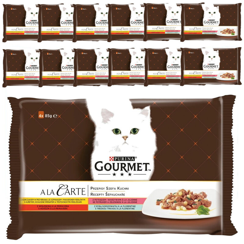 Purina Gourmet a La Carte Karma Dla Kotów Przepisy Szefa Kuchni 13x340g (52 saszetki) Wołowina Kurczak Pstrąg Dorsz
