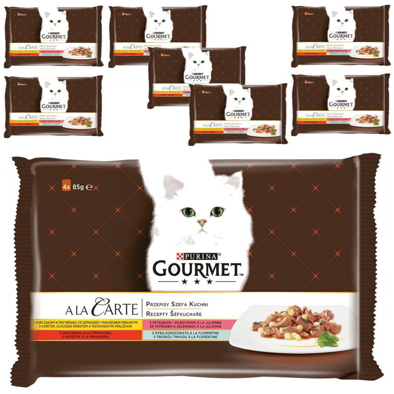 Purina Gourmet a La Carte Karma Dla Kotów Przepisy Szefa Kuchni 8x340g (32 saszetki) Wołowina Kurczak Pstrąg Dorsz