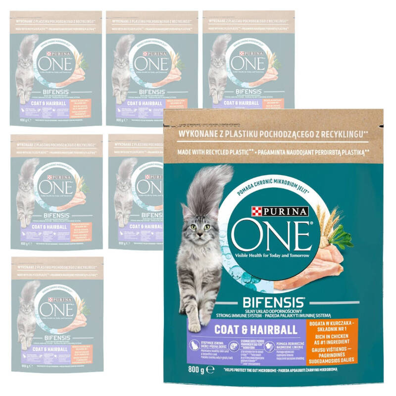 Purina One Cat Coat&Hairball Sucha Karma Z Kurczakiem Dla Kota 8x800g vPrzeciw Kulom Włosowym