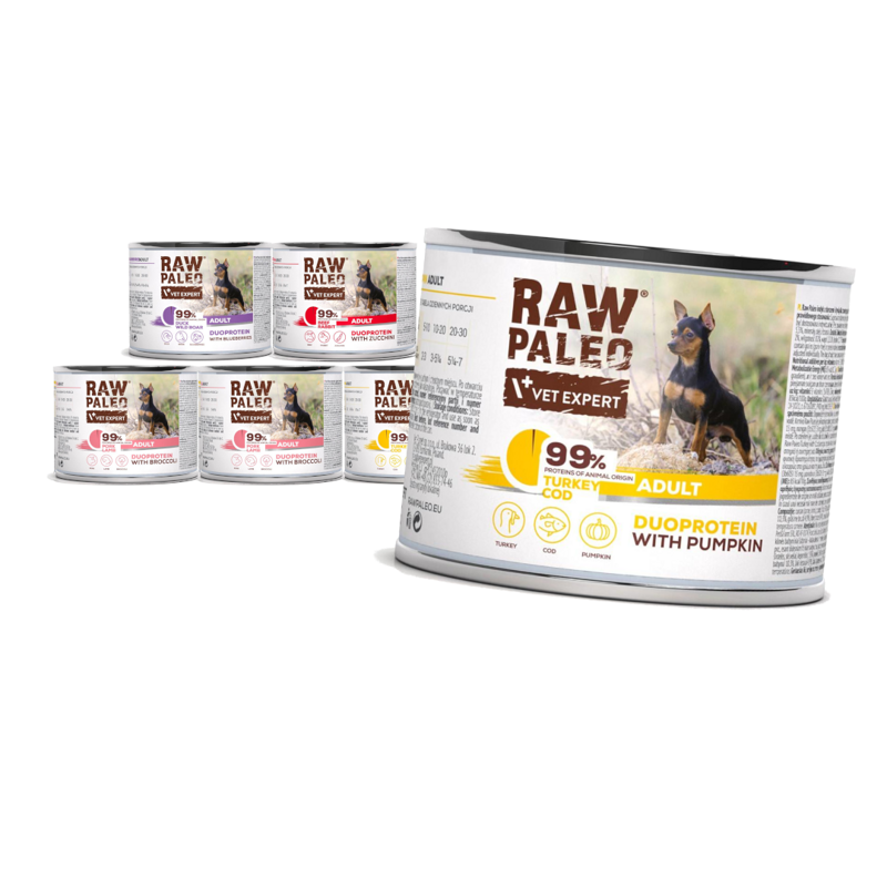 Raw Paleo Adult Duoprotein Mix Smaków 6x200g​ Mokra Karma Dla Psa