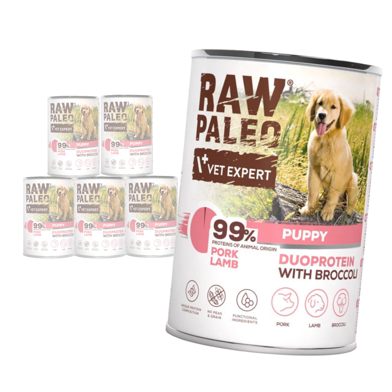 Raw Paleo Pork&Lamb Puppy Duoprotein 6x400g​ Mokra Karma Dla Szczeniąt z Wieprzowiną i Jagnięciną