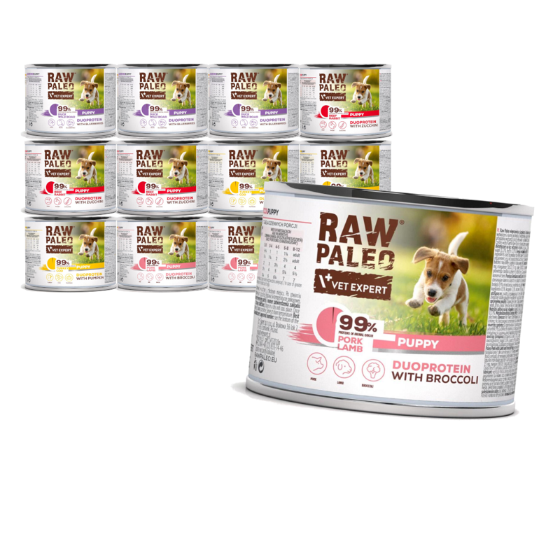 Raw Paleo Puppy Duoprotein Mix Smaków 12x200g​ Mokra Karma Dla Szczeniąt