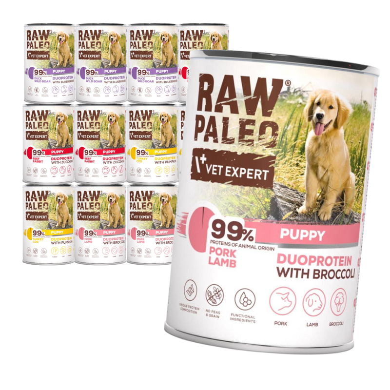 Raw Paleo Puppy Duoprotein Mix Smaków 12x400g​ Mokra Karma Dla Szczeniąt