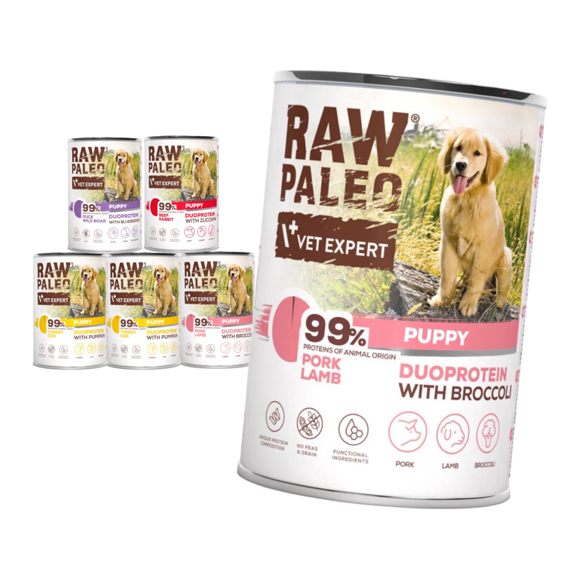 Raw Paleo Puppy Duoprotein Mix Smaków 6x400g​ Mokra Karma Dla Szczeniąt