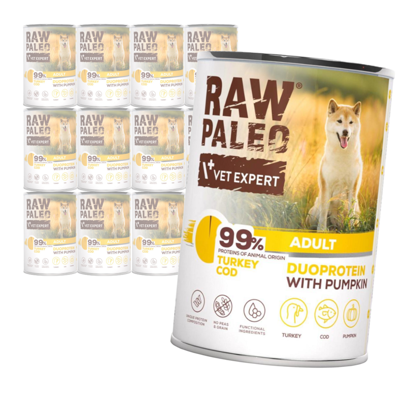 Raw Paleo Turkey&Cod Adult Duoprotein 12x400g​ Mokra Karma Dla Psa z Indykiem i Dorszem