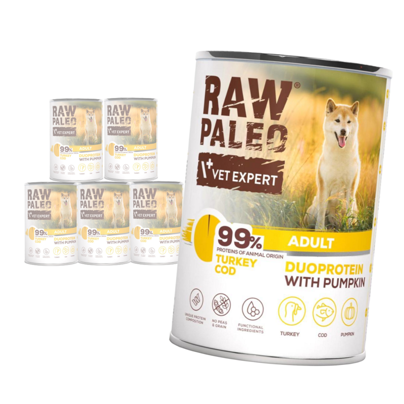 Raw Paleo Turkey&Cod Adult Duoprotein 6x400g​ Mokra Karma Dla Psa z Indykiem i Dorszem