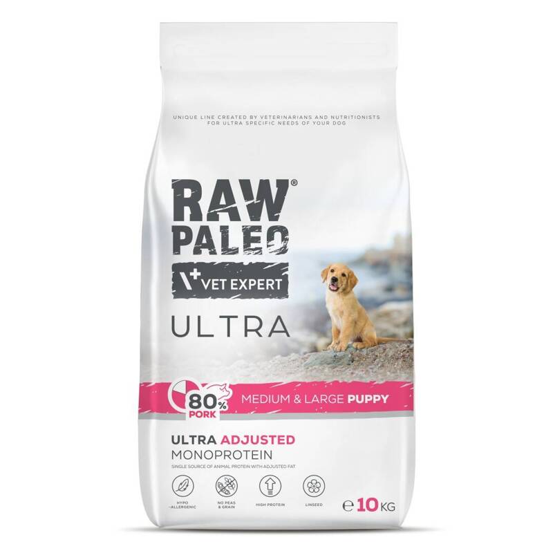 Raw Paleo Ultra Pork Medium&Large Puppy 10kg Sucha Karma z Wieprzowiną Dla Szczeniąt Średnich i Dużych Ras