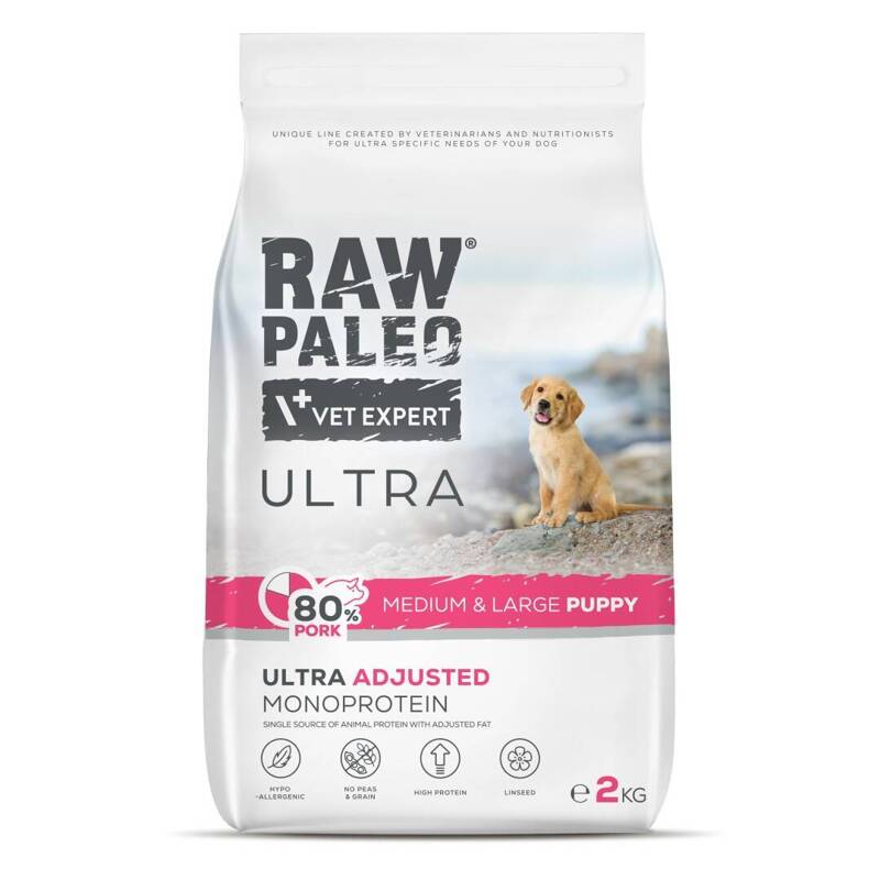 Raw Paleo Ultra Pork Medium&Large Puppy 2kg Sucha Karma z Wieprzowiną Dla Szczeniąt Średnich i Dużych Ras