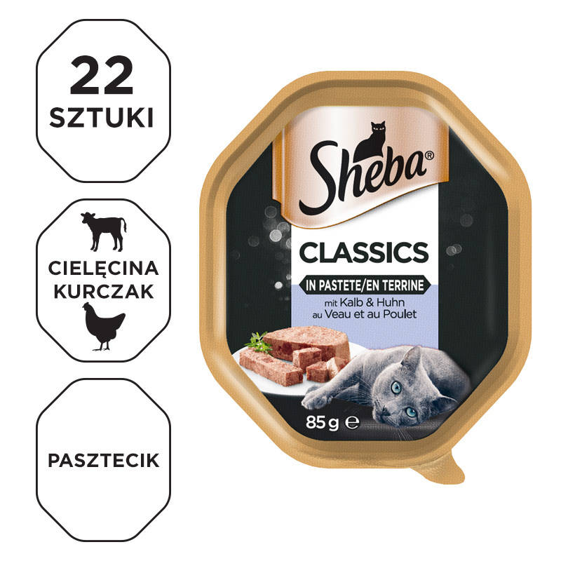SHEBA Classics 22x85g z Cielęciną i Kurczakiem, mokra karma dla kotów w pasztecie