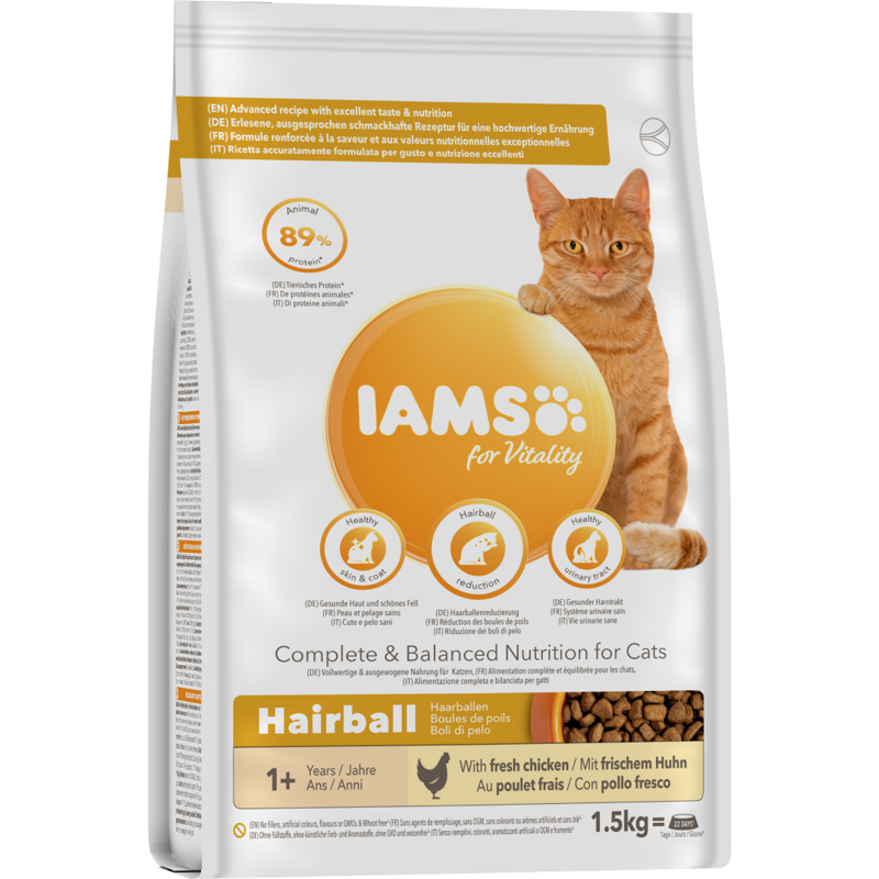 Sucha Karma Iams for Vitality Hairball Dla Dorosłych I Starszych Kotów Ze Świeżym Kurczakiem Zwalcza Kule Włosowe 1,5kg